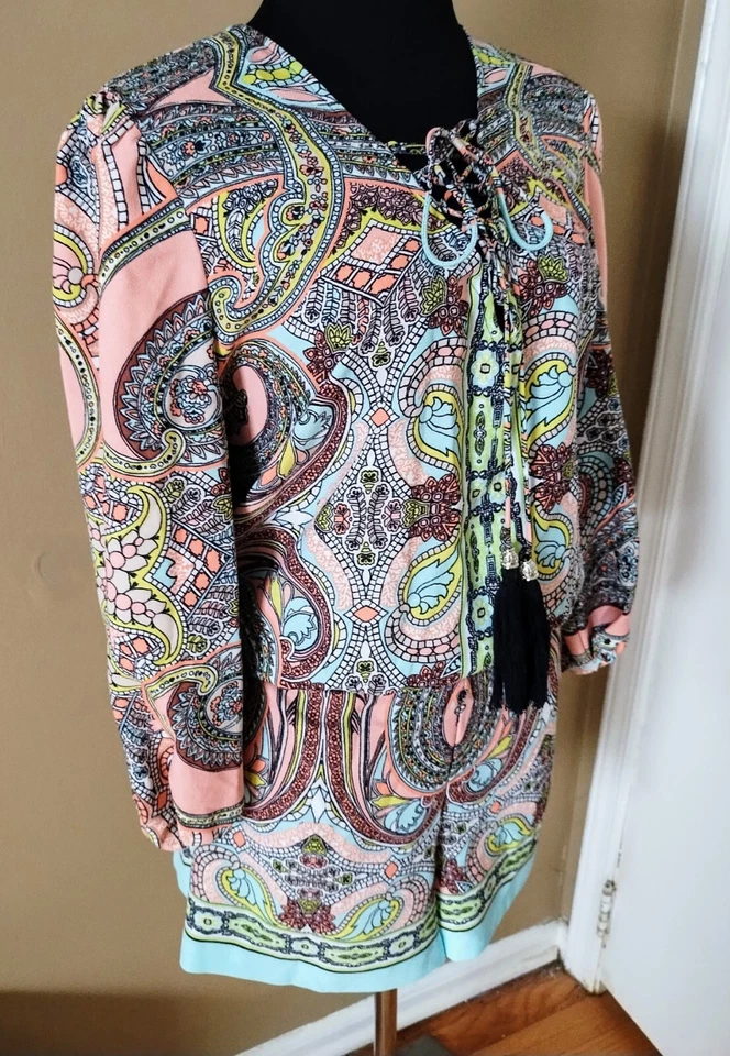 Lindo Chic Bisou Bisou Paisley Multi Pasteles Boho Mameluco Mangas Globo EE. UU. Talla XL Foto 2 de 4