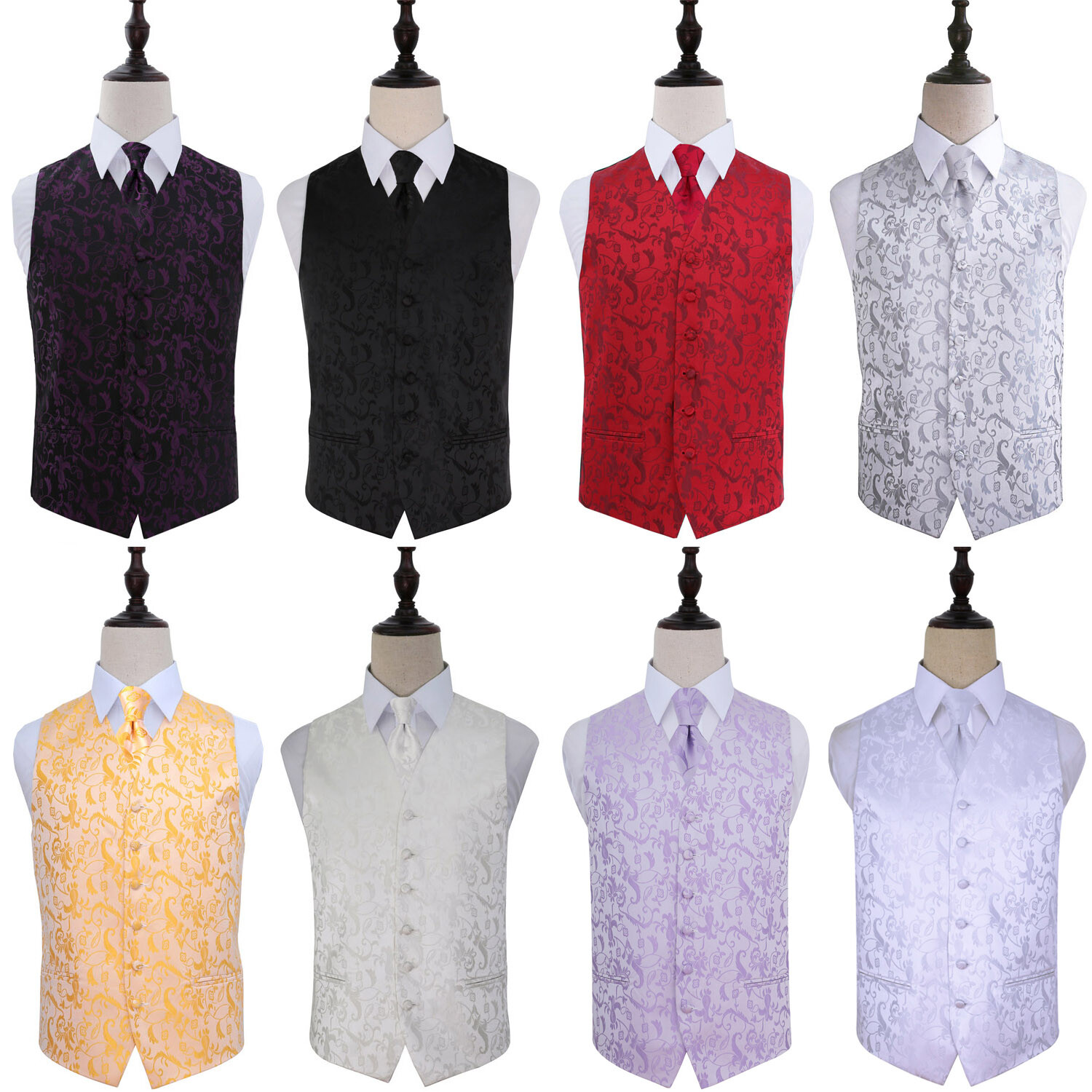 DQT Floral Wedding Waistcoat, Tie, Pocket Square and Cufflinks 4pc Set