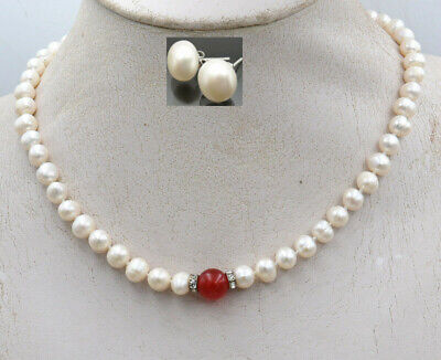 Fashion 7-8mm Natural White Akoya Cultured Pearl & Ruby Pendant Necklace
