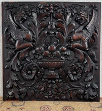 Antique Carved Mahogany Panel Floral Urn Griffins French Renaissance 19th C.