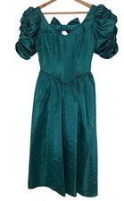 Vintage 80s Prom Dress Big Bow Puff Sleeve Green Satin Brides Maid Formal
