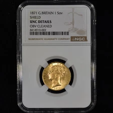 1871 GREAT BRITAIN GOLD SOVEREIGN ✪ NGC UNC DETAILS ✪ 5C COIN SHIELD 1 ◢TRUSTED◣