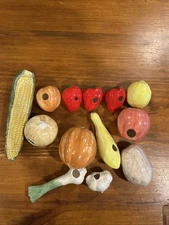 Vintage Hanging Ceramic 7 Vegetables And 6 Fruit For Jute Rope. No Rope Included
