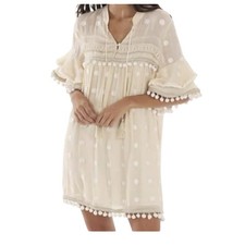 Allison Shirt Dress Womens Off White Pom Pom Embroidered Polka Dot SIZE M