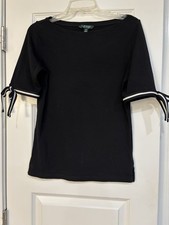 LAUREN RALPH LAUREN Black White Cotton Blend Boat Neck Short Sleeve KnitTop L