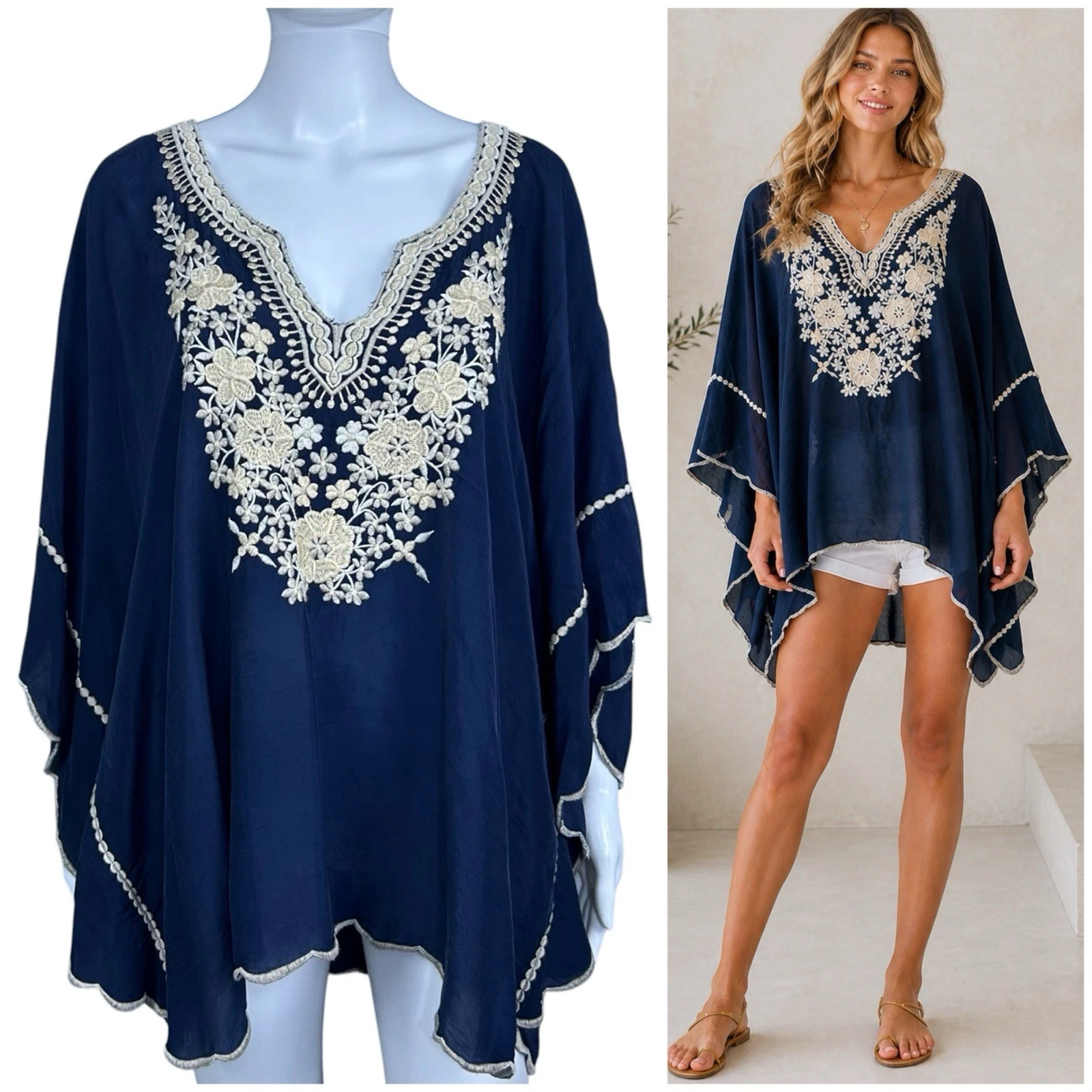 Johnny Was Embroidered Georgette Poncho Tunic Size XL Floral Boho Flowy NWT
Opens in a new window or