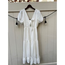 Forever 21 White Gingham Tie Front Midi Dress Puff Sleeve V Neck Casual