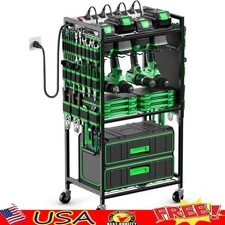 Power Tool Organizer Cart W/ Charging Station Wheels 8 AC Outlets Storage Rack