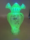FENTON Lily Trail TOPAZ IRIDESCENT Art Glass VASE 9" Signed P. Hayhurst GLOWS