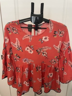 His Girlfriend Floral Peplum Top Coral Red Bell Sleeve Pom Pom Trim Womens S