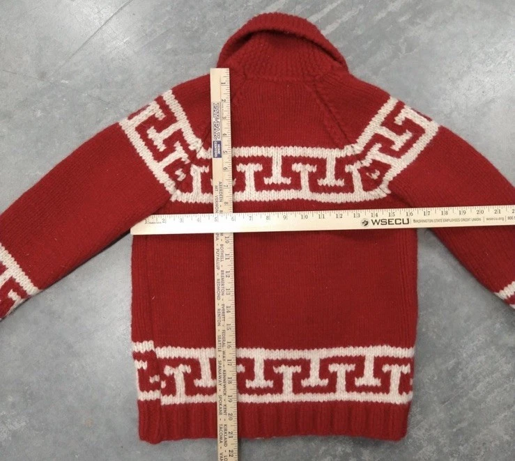 Suéter de Colección Años 60 Cowichan Lana Pesada ROJO MARFIL Tribal Capucha Cuello Garra Cremallera XS Foto 3 de 4