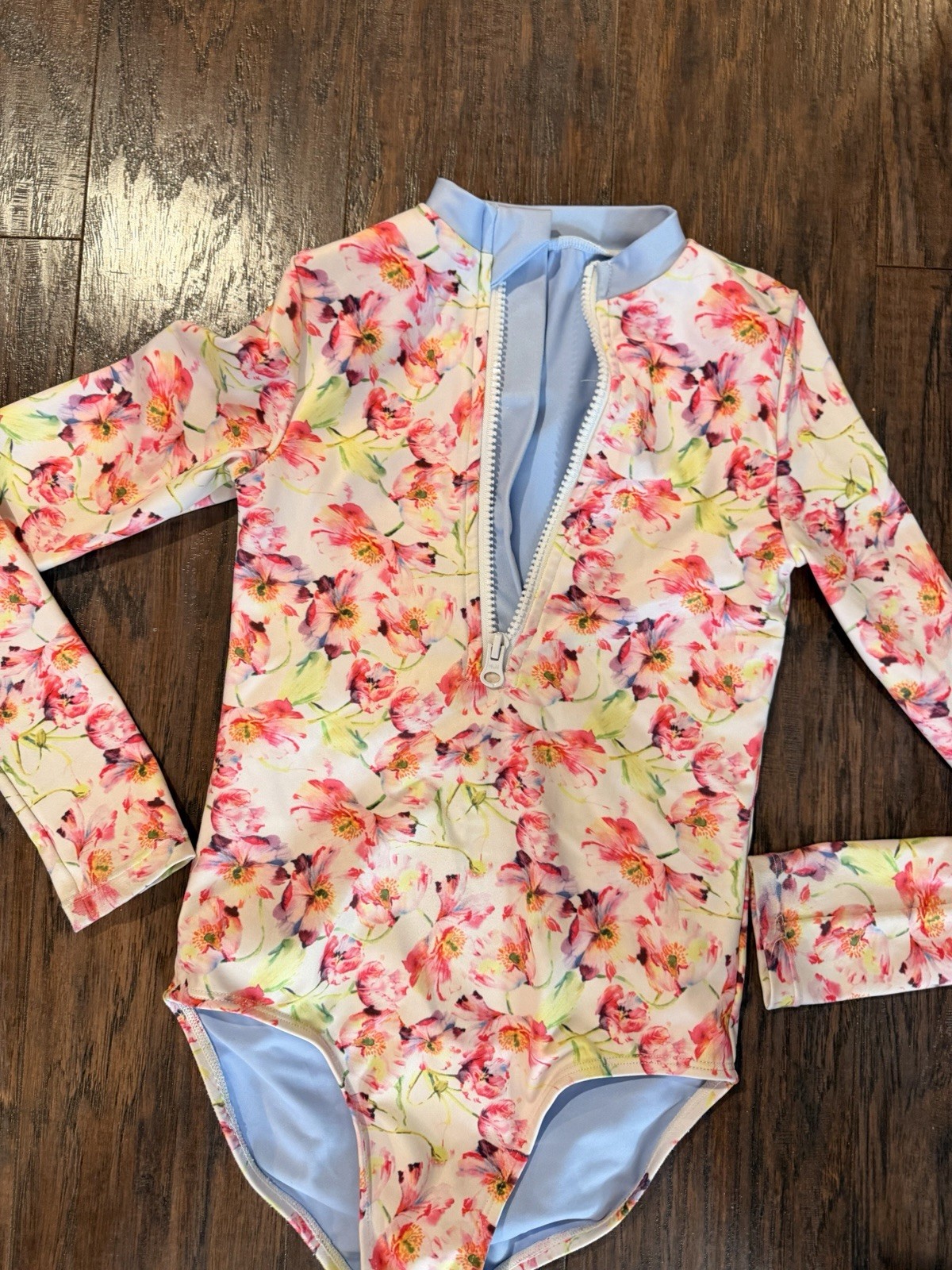 Girls Swimsuit Long Sleeve Rash Guard 6/7 Years Old Pink Floral Half Zipper