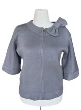 RED Valentino Bow Zip Front Knit Sweater Gray Shimmer 3/4 Sleeve Italy Size M