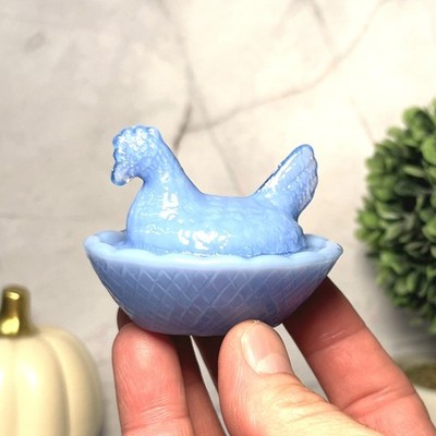 Hen on Nest Chicken Mini Salt Dish, Periwinkle Depression Style Glass, Kitchen