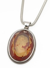 Vintage Polish 925 Silver Amber Portrait Pendant Necklace Reverse Carved