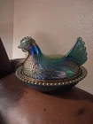 Vintage Indiana Glass Iridescent Blue Carnival Glass "hen on nest" Covered Dish