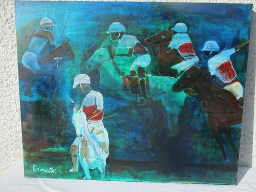 Grande huile sur toile souvenir de polo signée Grimaldi - Picture 2 of 12