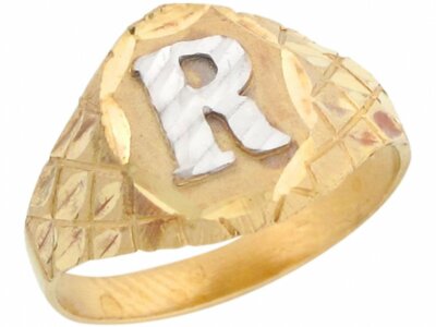 10k or 14k Two Tone Gold Letter R Checkered Design 1.2cm Initial Ring ...
