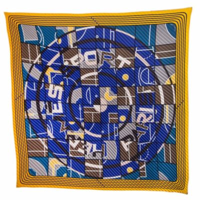 57534 auth HERMES blue & yellow silk HERMES SPORT 90 PLISSE Scarf