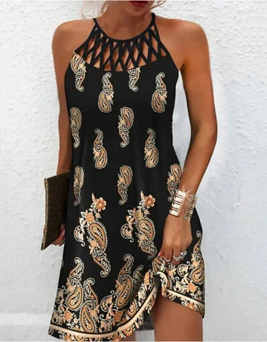 Damen-Sommer-Strand-Boho-Kleider Urlaub Hohles Neckholder-Minikleid In ≌ - Picture 12 of 23