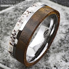 8mm Men's Tungsten Carbide Deer Antler  Bocote Wood Wedding Band Ring
