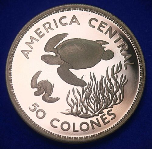 Costa Rica 50 Colones 1974 Silver Proof - 'America Central' Turtle BU