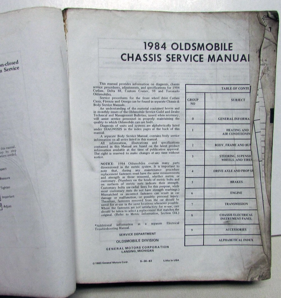 Oldsmobile Cutlass Delta Custom Cruiser 98 Toronado 1984 chasis manual de servicio Foto 2 de 4