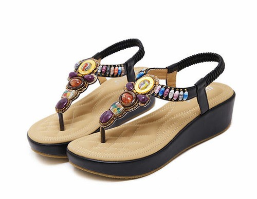 Women's Girls Bohemian Thong Wedge Sandals Casual Shoes Black Size US 7.5 NEW - Picture 2 of 9