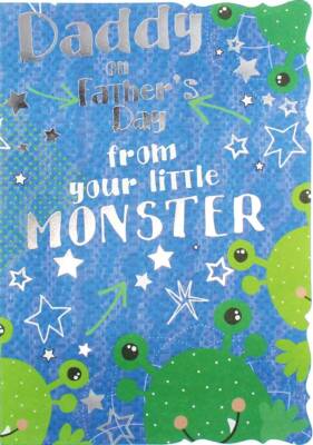 Papa Vatertag Grußkarte - grüne Monster & silberne Sterne 7,75'' x 5,25''