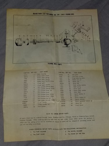Vintage JC Higgins Sears Roebuck Reel manual for fishing reel no,779-39951 - Picture 2 of 3