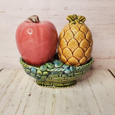 Enesco Pineapple & Apple on Fruit Basket Salt & Pepper Shakers 3 Pc Set Vintage