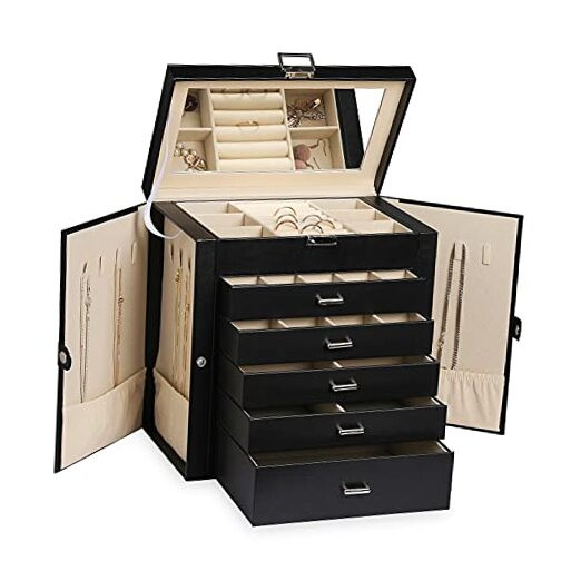 Large 6-Tier PU Leather Jewelry Organizer Multi-functional Storage Box