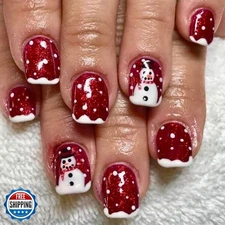 Christmas Press on Nails Short Square MABKJLF French Tip Fake Nai