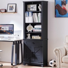 7 Tier Bookcase 72in Tall with Drawer Barn Doors Storage Cabinet Black