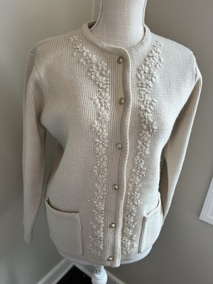 Classic Elements Petite S Cream Floral Embroidery Cardigan Gold Buttons Knit
