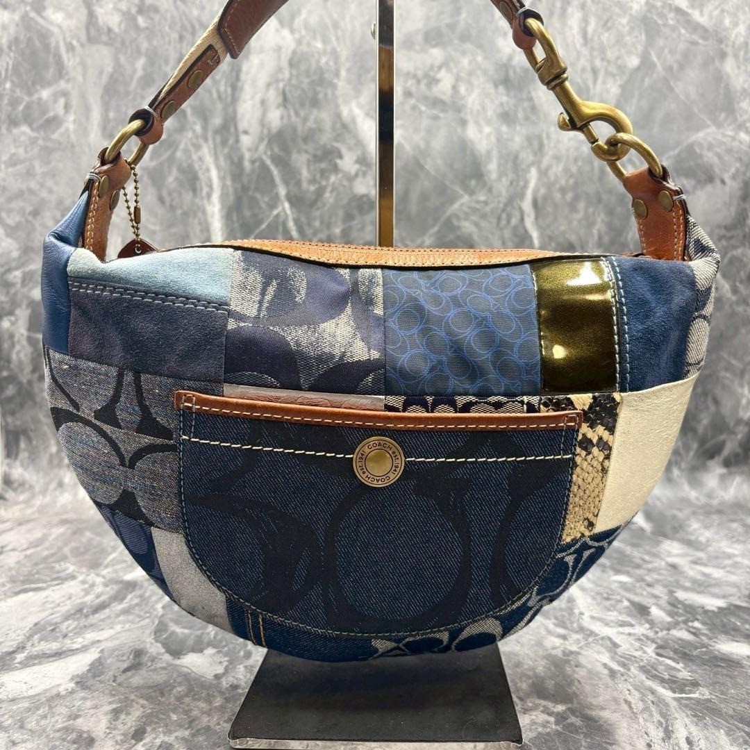 COACH Denim Patchwork Hobo Bag Shoulder Bag Blue Indigo Multi Used Authentic