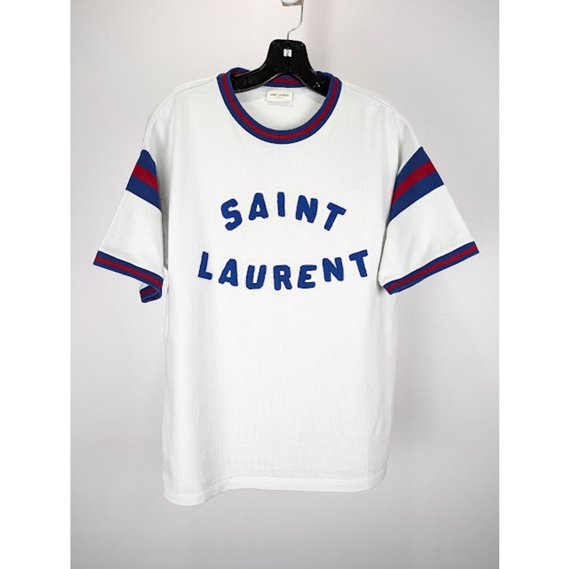 Saint Laurent Paris Q:2 Patch Jersey Sport Vintage T Shirt Ecrù Blu Nuova con etichette M