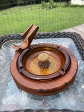 Pipe/Cigar Ashtray Amber Glass W/Walnut Base & Pipe Rest & Cork Knocker Vintage