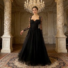 Gothic Black Long Sleeve Wedding Dresses Buttons Back Lace Custom Bridal Gowns