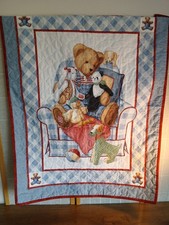 Vintage Blue Jean Teddy Bear Quilt Blanket Plaid Nursery Throw Reversible 90s
