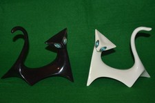2 MCM CUBIST ART DECO CAT FIGURINES - JEWEL EYES - 1 BLACK, 1 WHITE