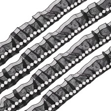 Pleated Lace Ruffle Trim Ribbon 10 Yards 1.4" Wide, Black Veil with White Beads
