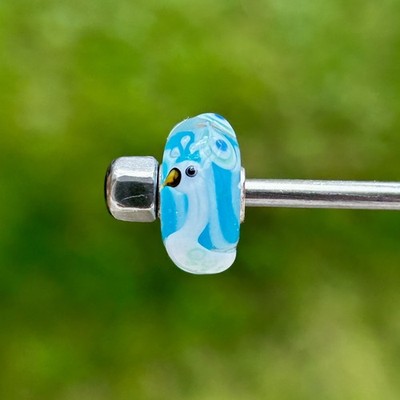 Seltene authentische Trollbeads Unikat Glasperle blau weiß Pfau Vogel Viech