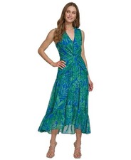 DKNY Sleeveless Palm Tropical Print Maxi Dress 16 Tiered A-Line Green Blue NWT