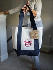 Trader Joe's Mini Pastel Canvas Tote Bag in Navy BLUE NWT