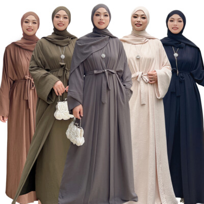 2 Piece Women Muslim Open Abaya Inner Dress Set Dubai Kimono Kaftan Robes Robe