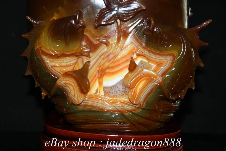 Jarrón lápiz maceta cepillo 2 peces tallado ágata roja blanca marca china de 8,4" Foto 3 de 4