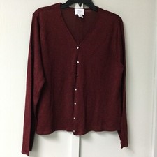 Vintage ANN TAYOR Cardigan Sweater Size Large Red Burgundy Button Metallic