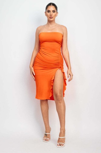 Women's Bodycon Ruched Ruffled Tube Slit Strapless Midi Dress - 第 17/31 張圖片