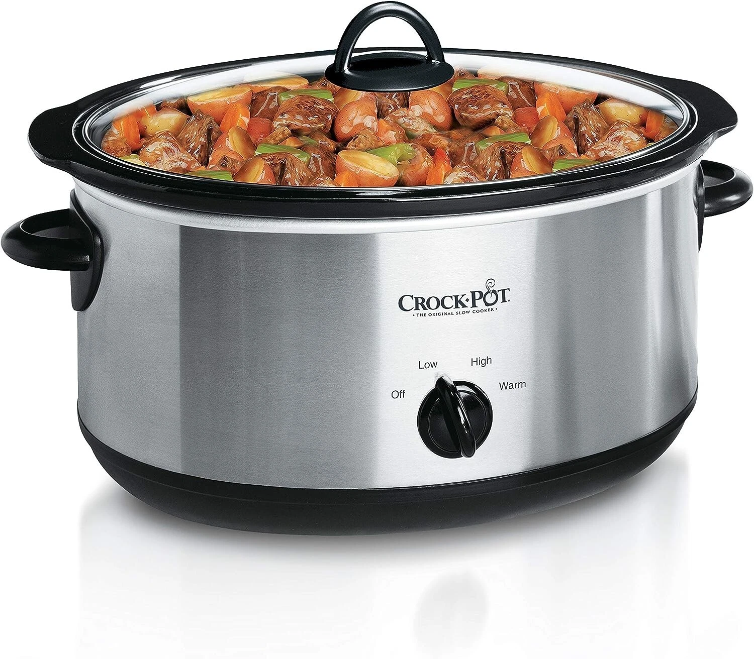 Crock-Pot 7 Qt Classic Oval Manual Slow Cooker, Stainless Steel, Black Stoneware